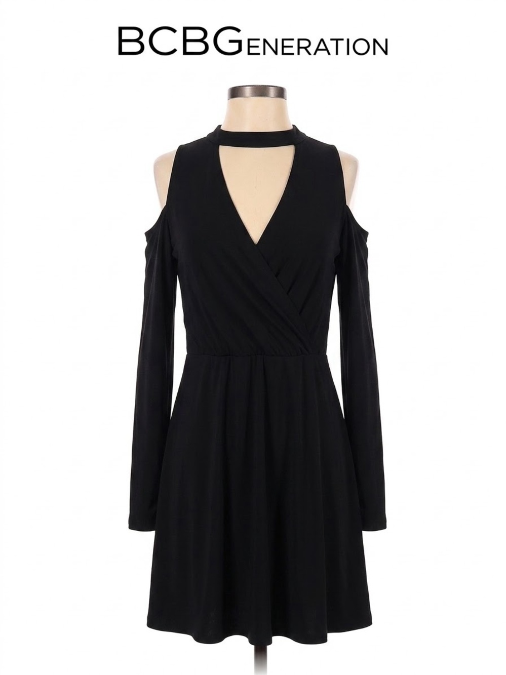 BCBGeneration Black Cold-Shoulder Choker V-Neck Mini Dress